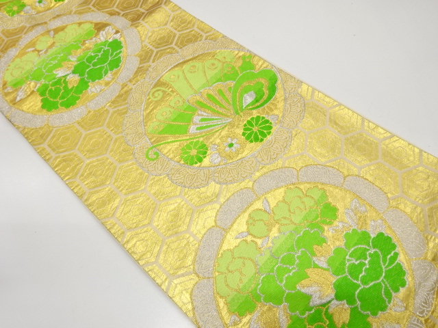 JAPANESE KIMONO / ANTIQUE FUKURO OBI / SILK / WOVEN BUTTEFLY & PEONY & KIKU